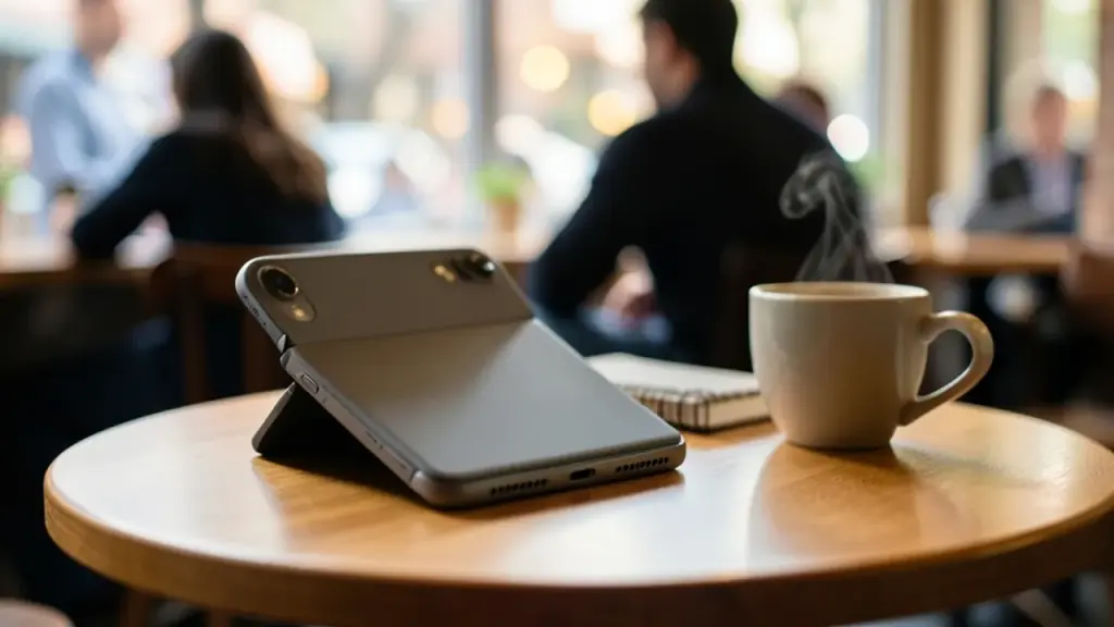 Foldable phone propped open on café table beside coffee and notebook, hinge and smooth surface visible.