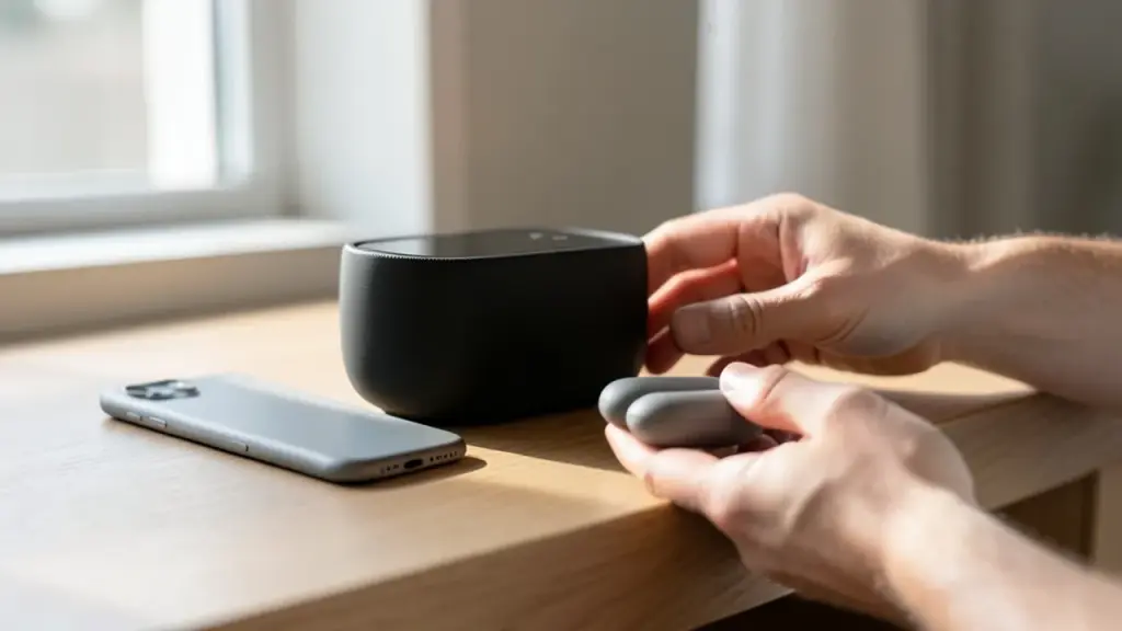 Hands placing a dark smart speaker on shelf beside phone and earbuds