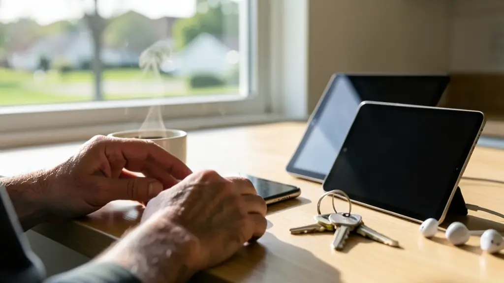 Hands reaching for phone on kitchen counter beside coffee, tablet and earbuds nearby