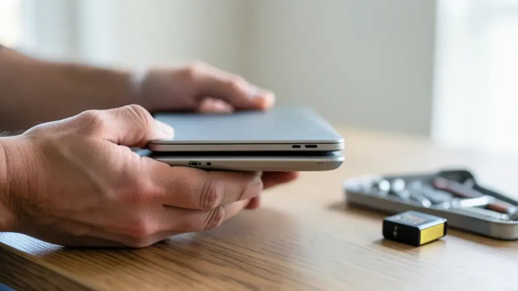 Hands holding stacked laptop and tablet beside toolkit and spare battery