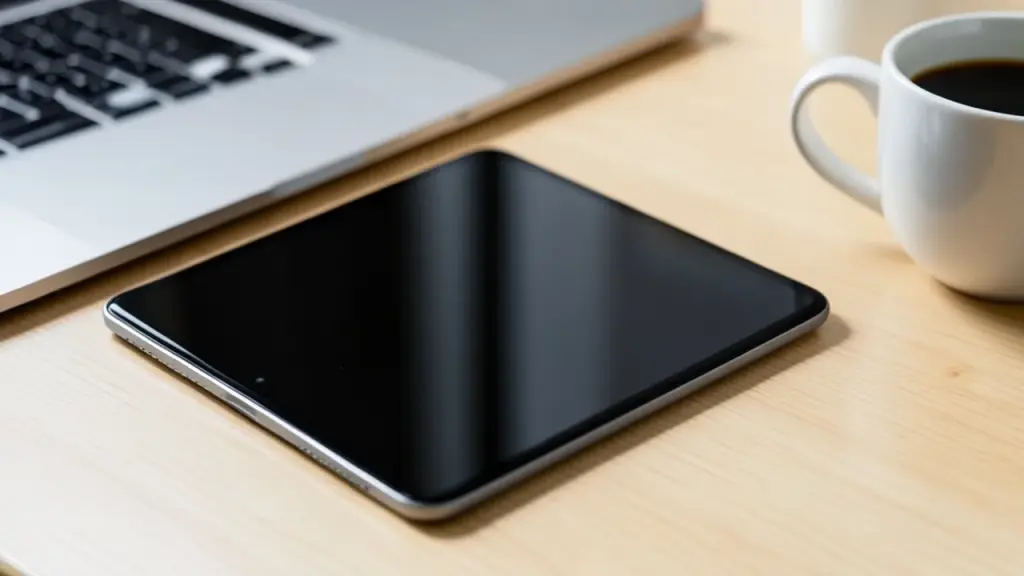 A small tablet beside a laptop and coffee cup on a light desk