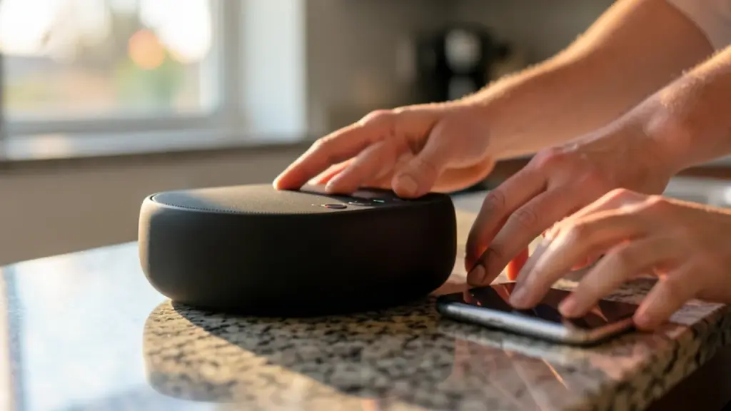 Hands adjusting a smart speaker on kitchen counter with smartphone nearby, morning light.