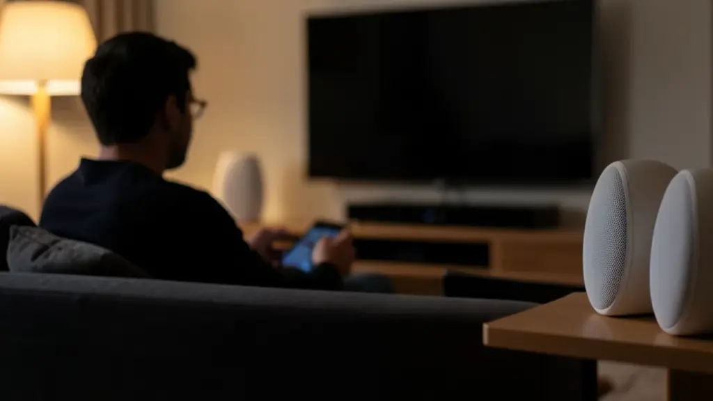 Silhouette on couch with HomePod speakers and set‑top box in foreground for hands‑free Siri surround setup