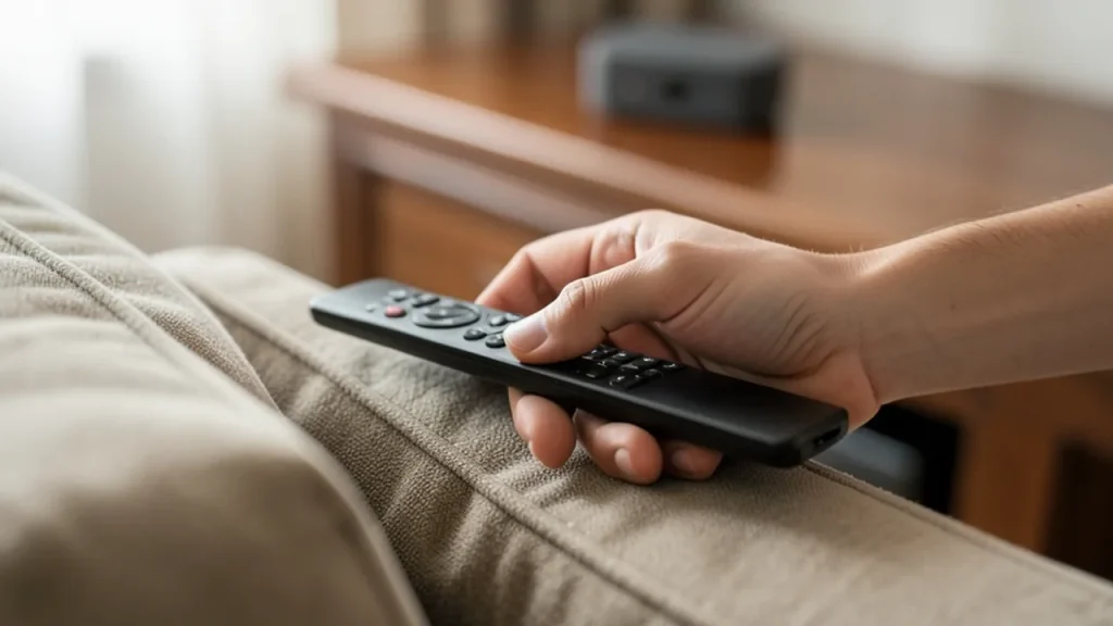 Hand reaching into couch cushions to retrieve remote beside blurred streaming box