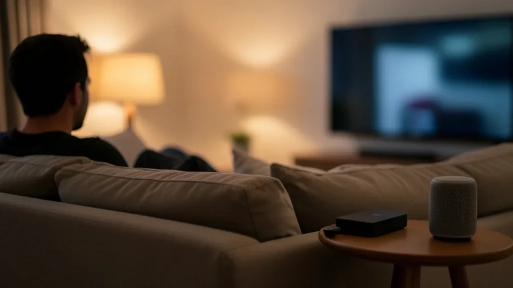 Living room silhouettes watching TV with streaming box and remote on table, warm lamp light