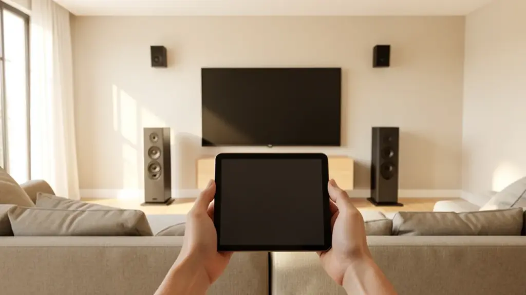 Cable-free four-speaker home theater setup in living room.