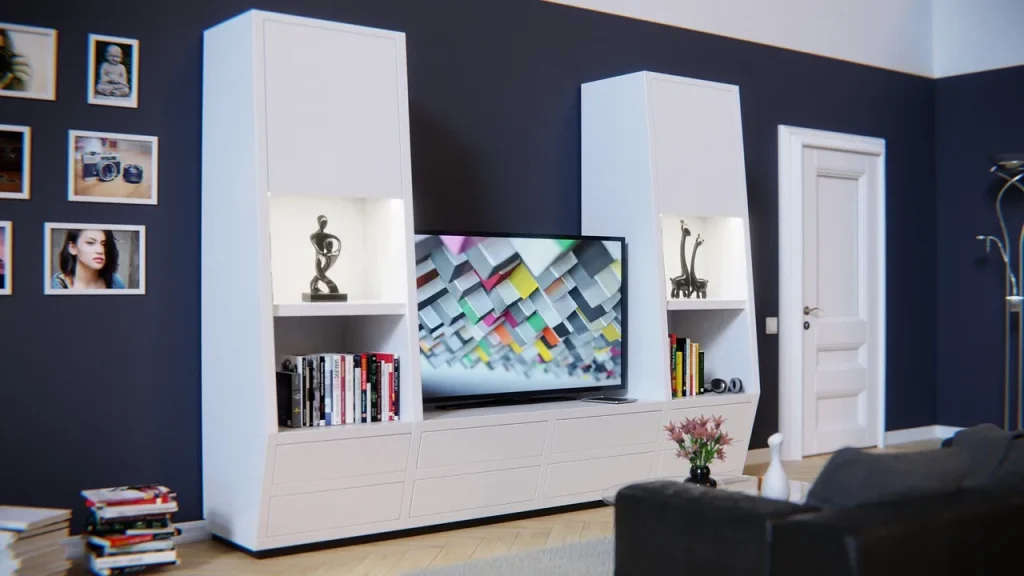 Living room scene with a streaming TV box and a speaker