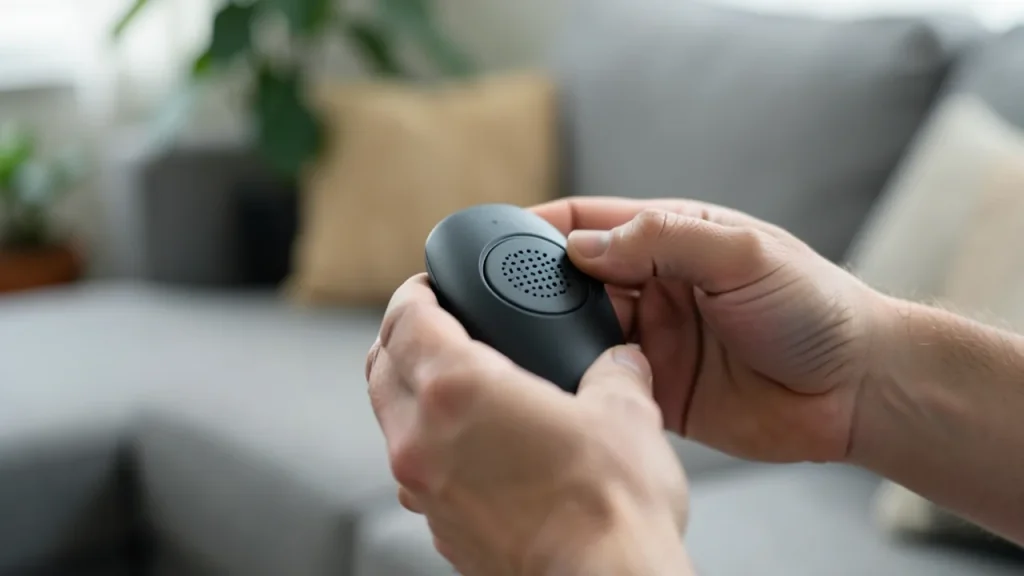 Hands holding a matte remote with speaker grille, living room blurred behind.