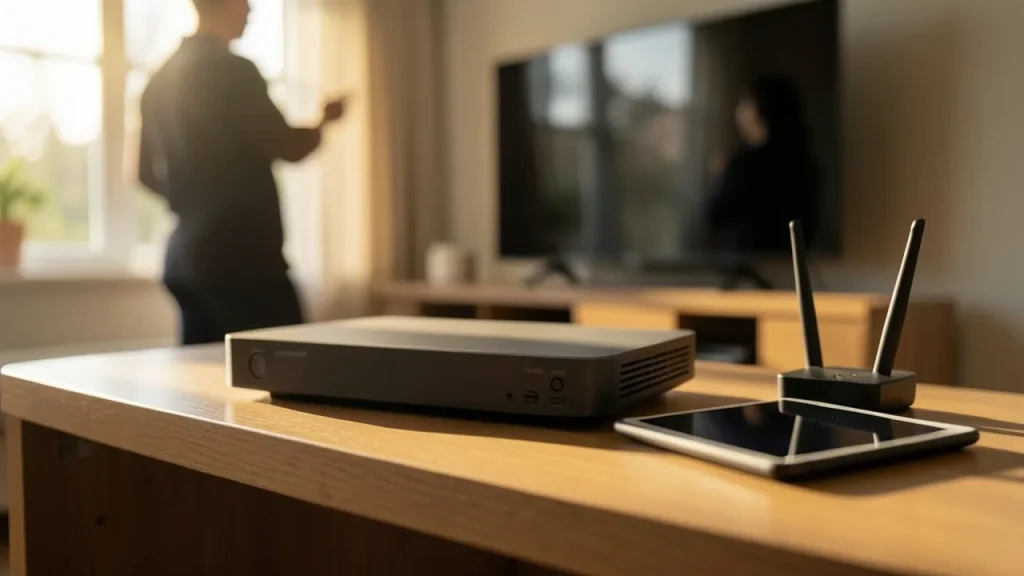 Set‑top box on shelf with tablet face down and router, silhouette speaking toward TV.