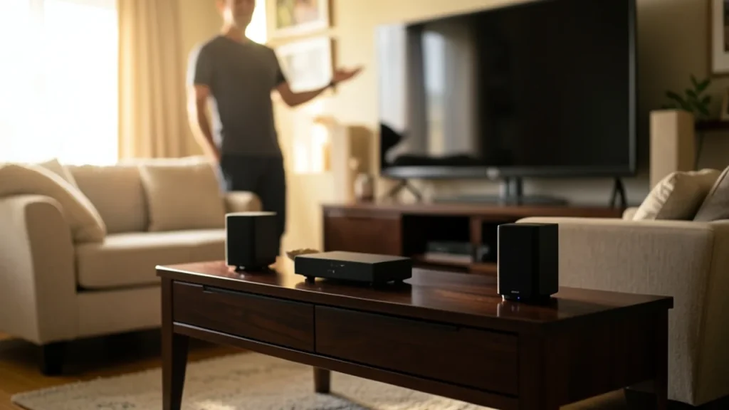 Four wireless speakers around streaming box in living room, hands-free control implied.