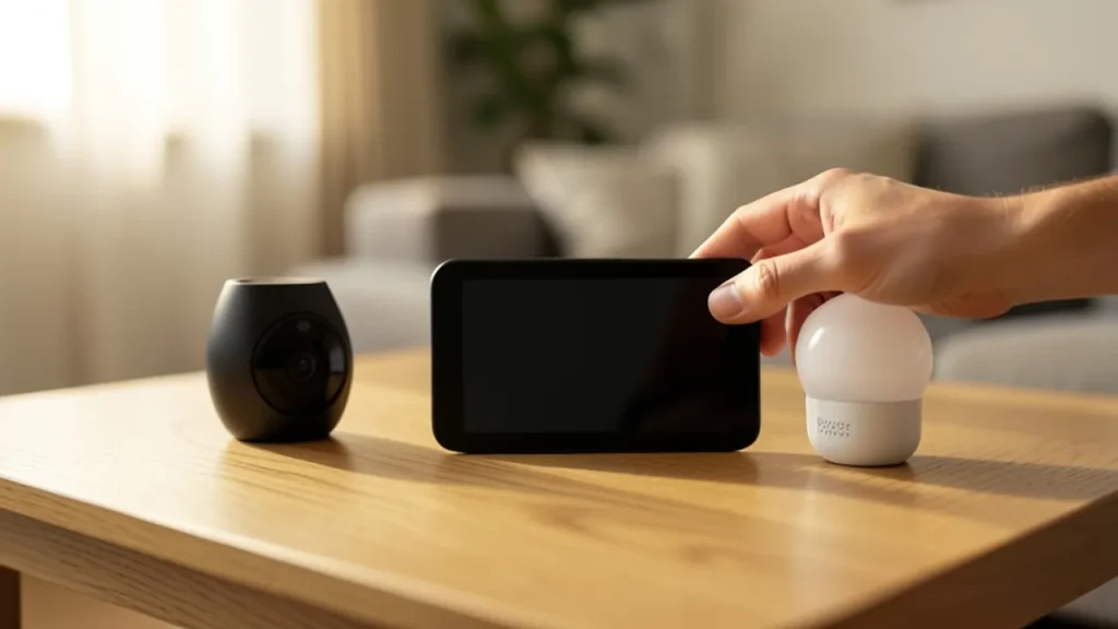 7-inch smart display on side table with smart camera and bulb, hands adjusting it.