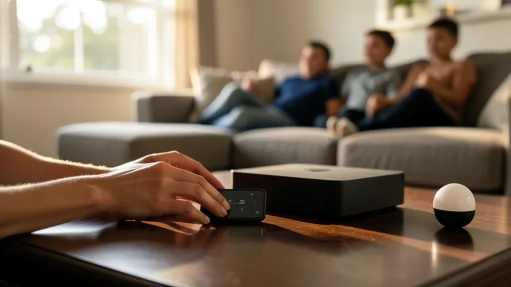 Hands arranging smart display and Apple TV box on coffee table, family silhouettes on sofa.
