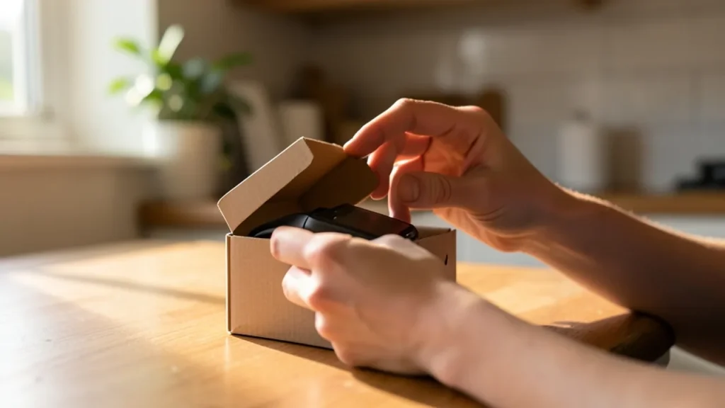 Hands inspecting a renewed smartwatch in box on kitchen counter, morning light