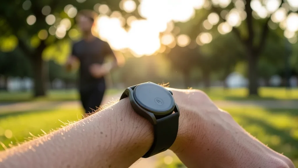 Wrist wearing smartwatch while jogging in park at golden hour, display away from camera