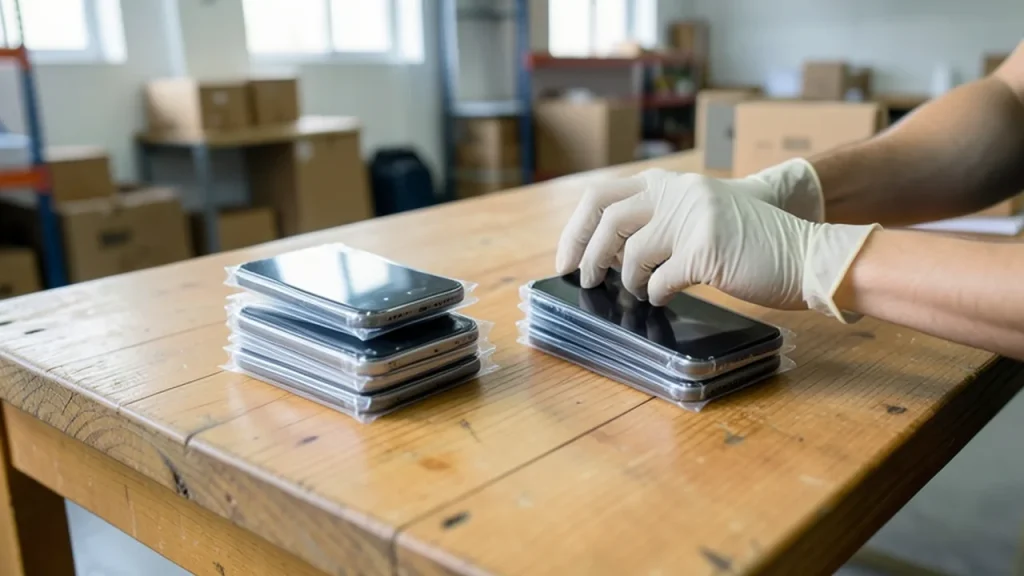Hands sorting two piles of unbranded phones on a backroom table showing close shipment totals.