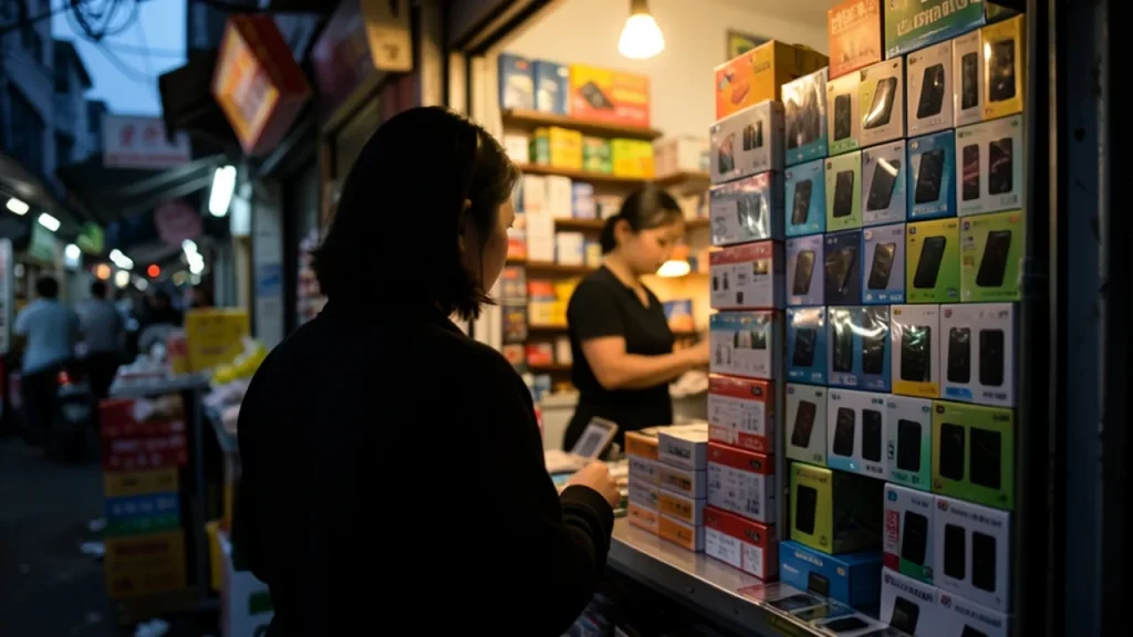 Shopper from behind looking at boxed phones on a shelf in an urban electronics shop.