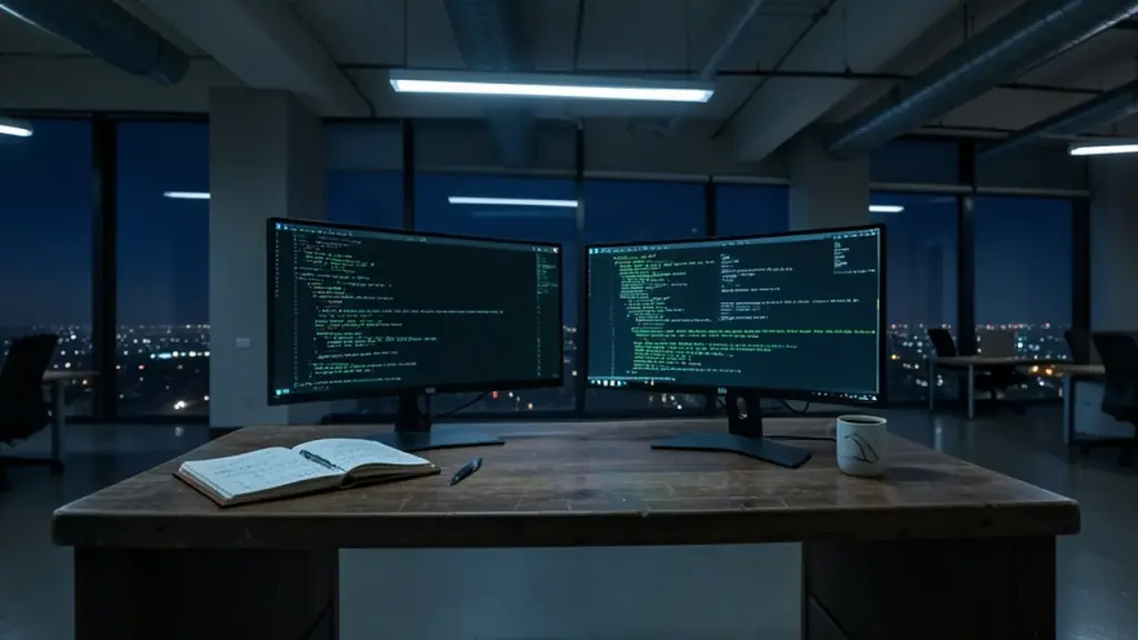 Two monitors with blurred code on a desk at night