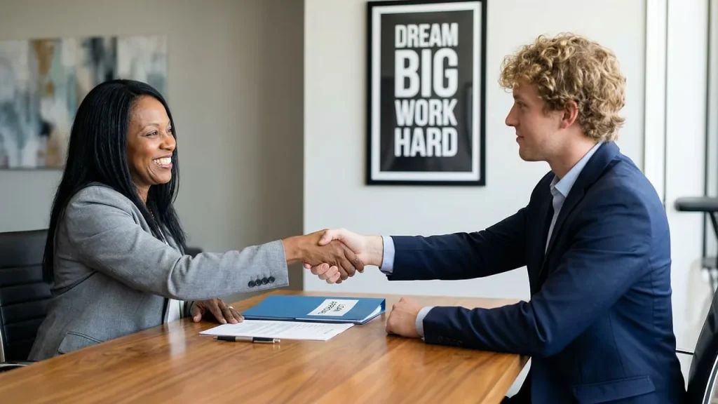 Business people shaking hands in a tech funding setting