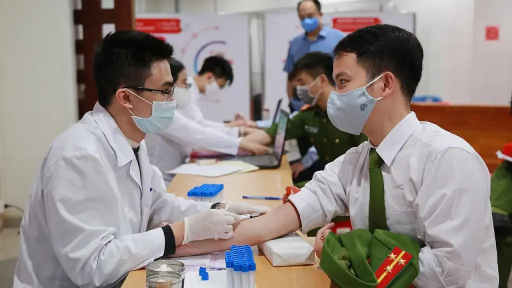 Phlebotomist or clinician drawing blood in a medical setting