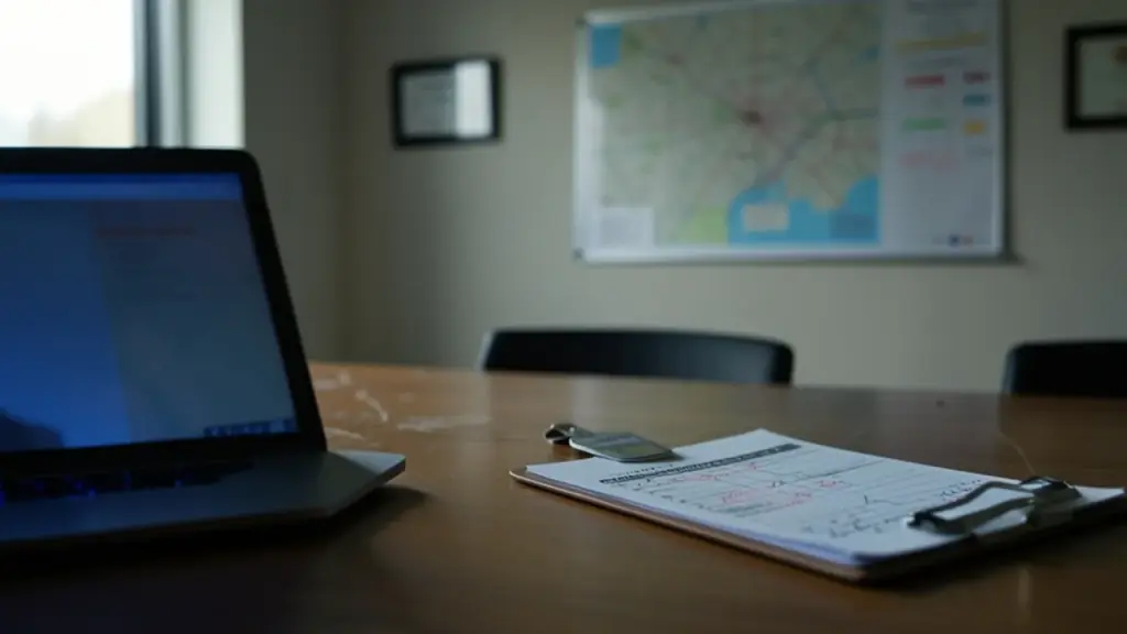 Investigation scene with map, notes and clipboard