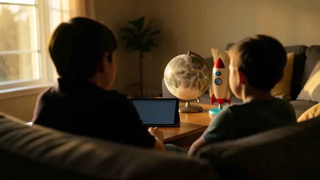 Family silhouettes watching device with moon globe and toy rocket on table