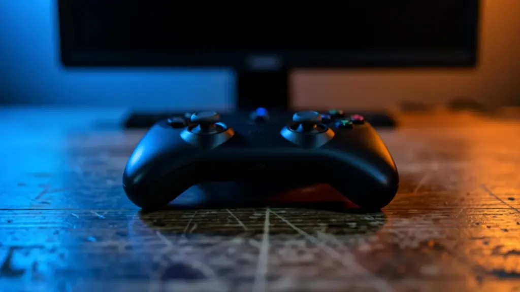 Game controller on a desk in front of a dark monitor