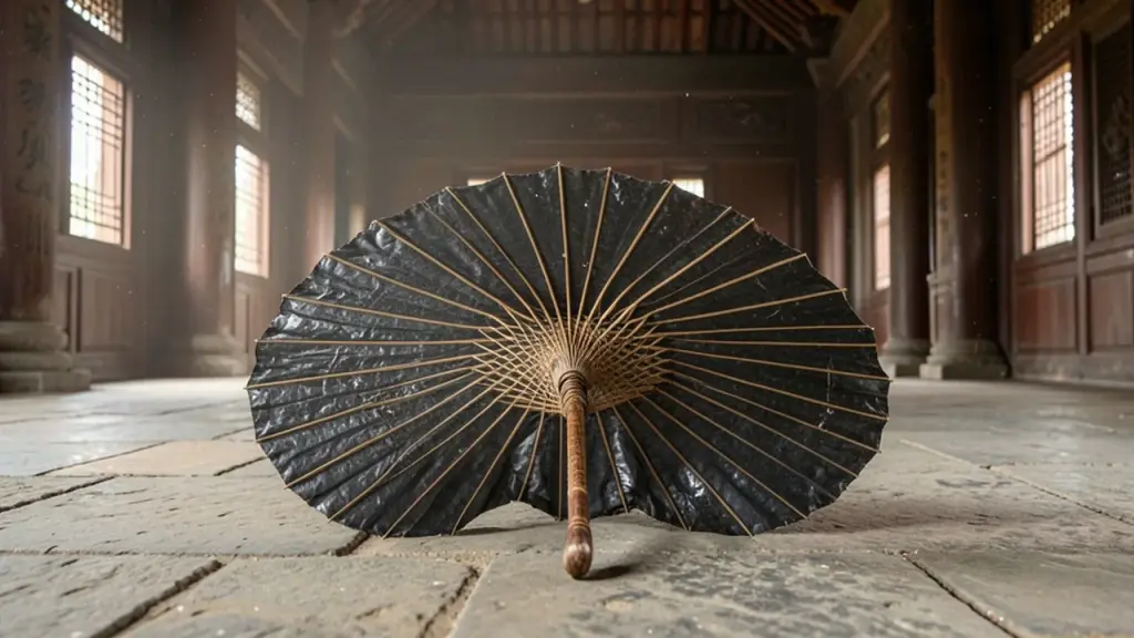 Traditional paper umbrella on the floor of an old temple hall