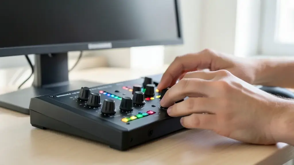 Hands adjusting calibration controls beside the monitor
