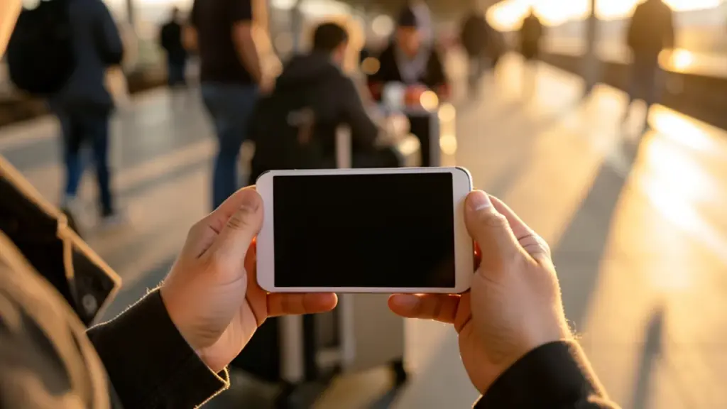 Person holding Xbox Ally X20 on train platform, hands only, travel scene