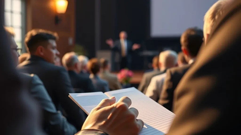 Audience hands taking notes with speaker blurred on stage