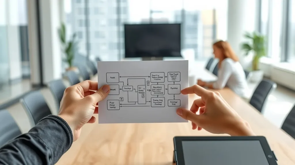 Hands exchanging workflow printout and governance papers in an office