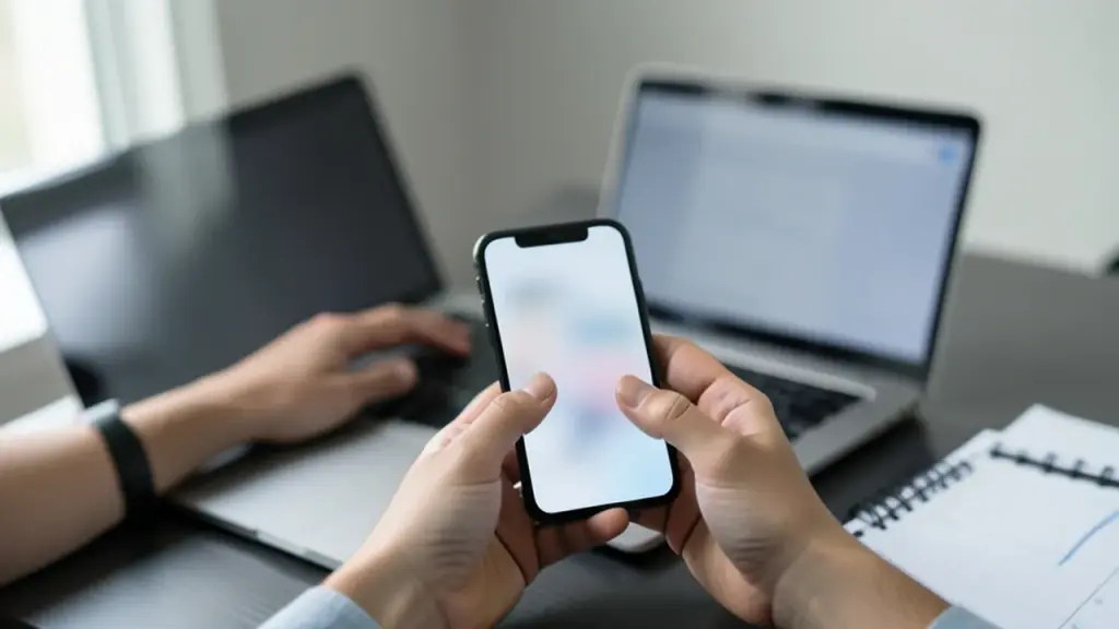Hands holding a smartphone at a desk next to a paper calendar