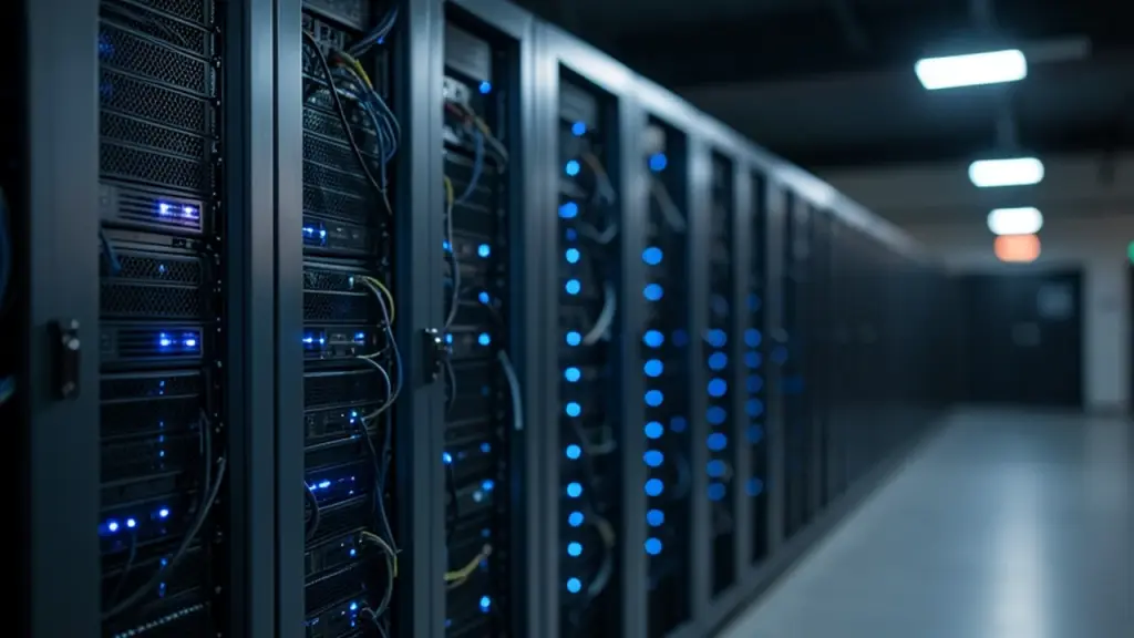 A dim data center aisle lined with server racks and blue lights