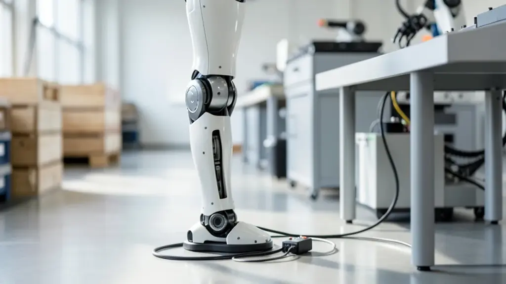 Robotic leg and workbench in a clean factory space.