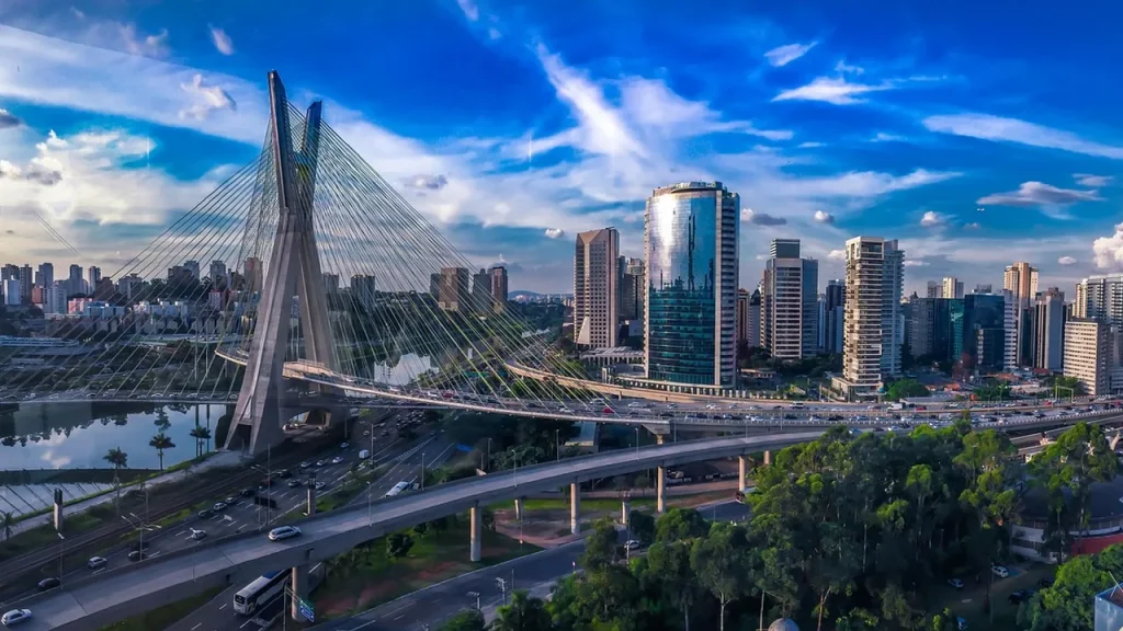 Office skyline with glass towers and morning light