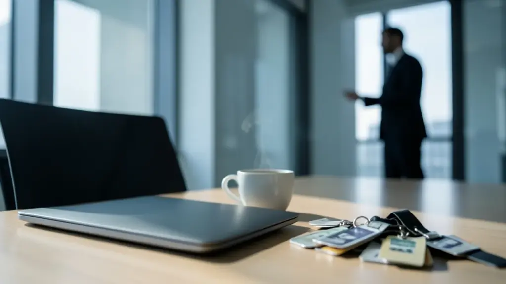 Closed laptop and lanyards on meeting table with silhouetted figure by window