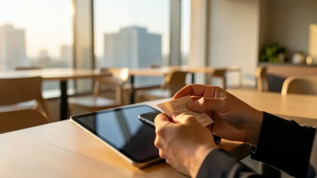 Small business owner hands with receipt and phone at café table, skyline and data center blurred