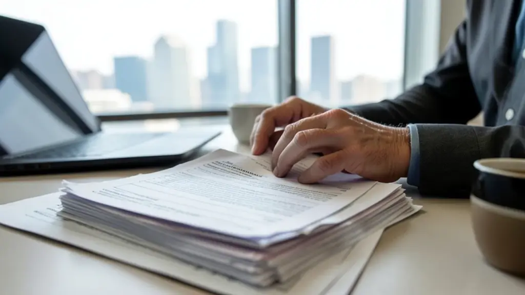 Hands sorting vulnerability reports and contractor time sheets at office desk