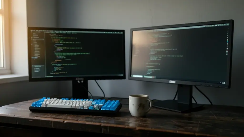Developer desk with two monitors of blurred code