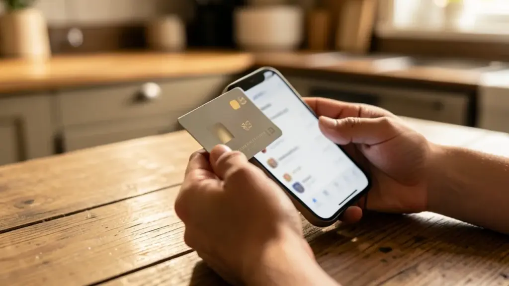 Hands holding a bank card and phone at a kitchen table