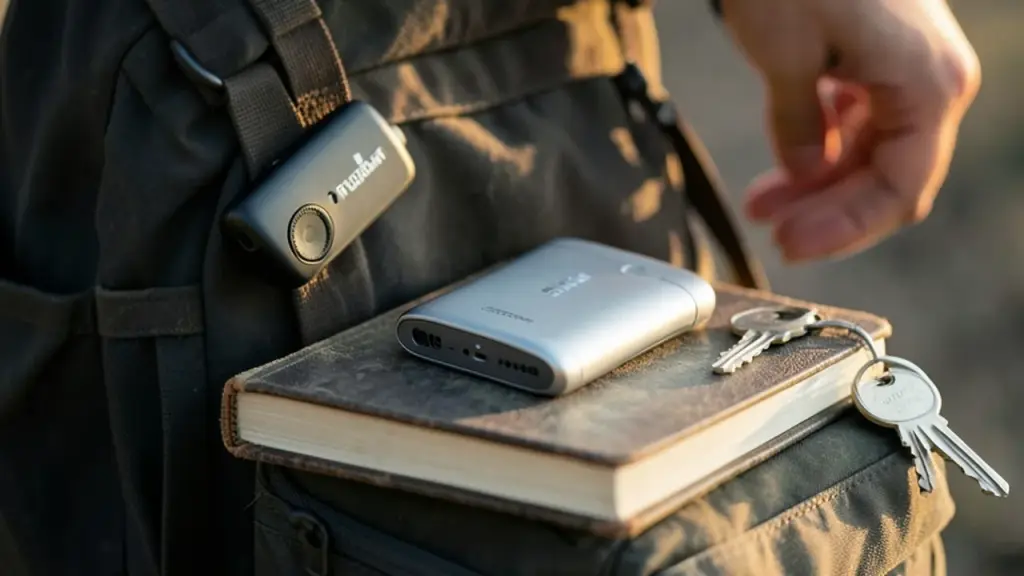 Frontier clipped to backpack strap and Eclipse on notebook among everyday items