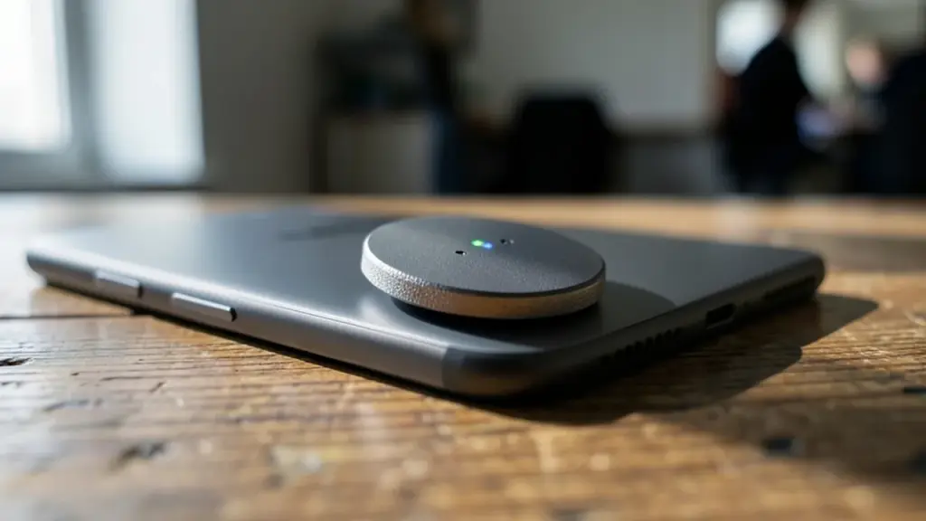 Magnetic AI puck snapped onto phone on table with faint indicator light