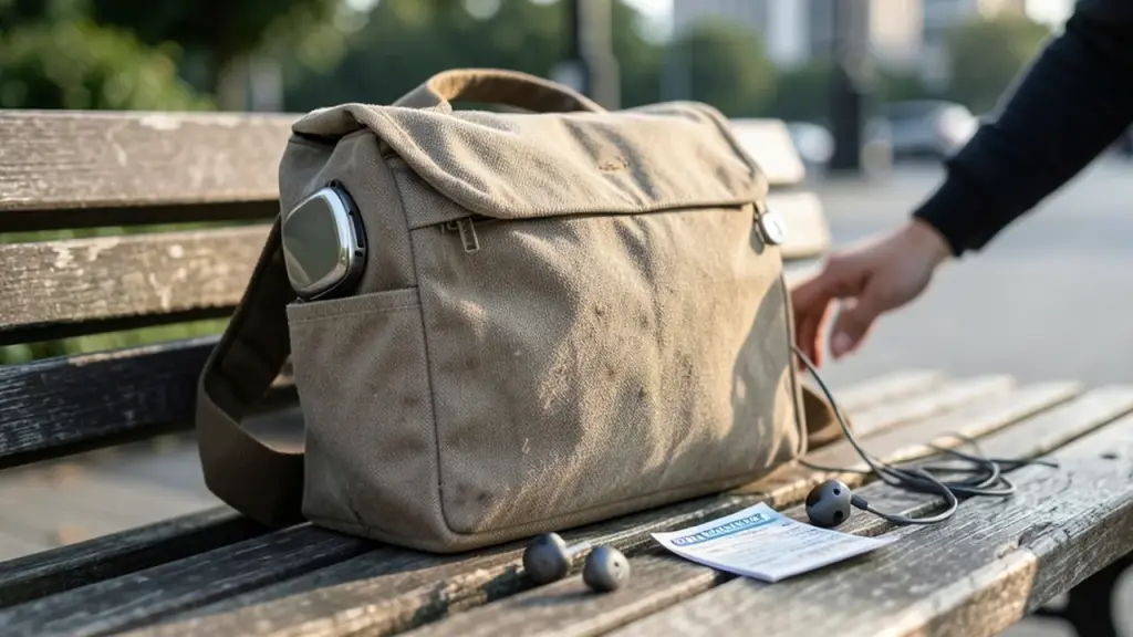 Commuter bag with wearable AI clip and magnetic puck visible on bench