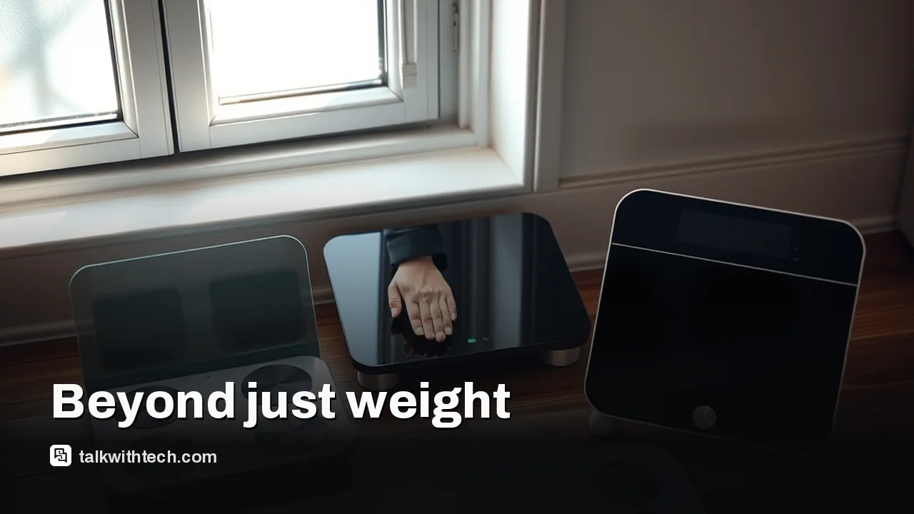 Three different smart scales on a bathroom counter, hands reaching for one.