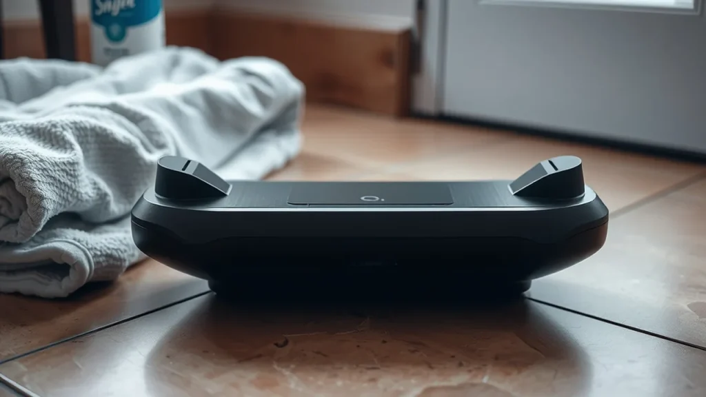 Full-body smart scanner on bathroom floor with hand grips and foot pads.