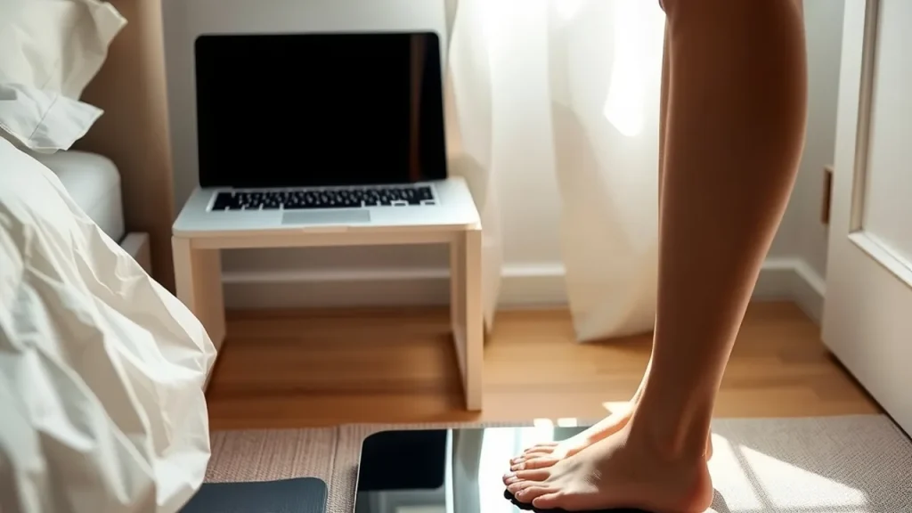 Person's feet stepping onto a smart scale beside a phone and laptop on bedside table.