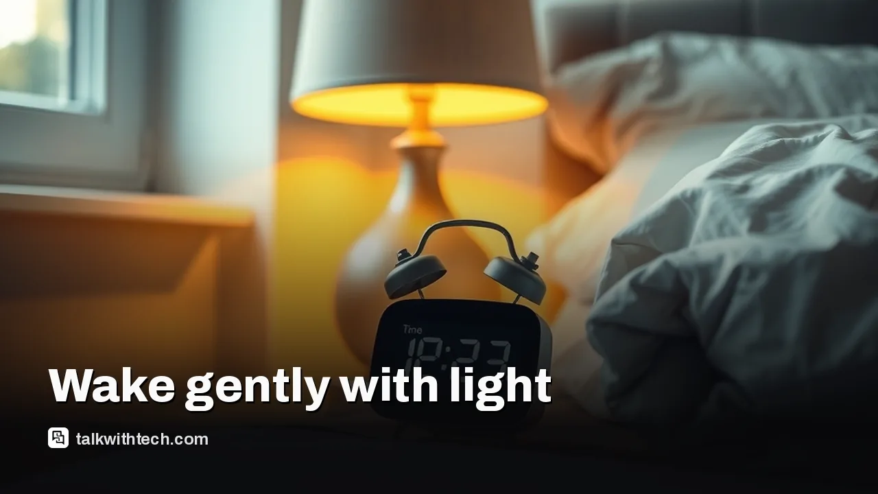 Sunrise alarm clock glowing softly on a bedside table at dawn