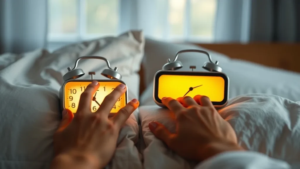 Two sunrise alarm clocks glowing on a nightstand with a hand reaching toward one