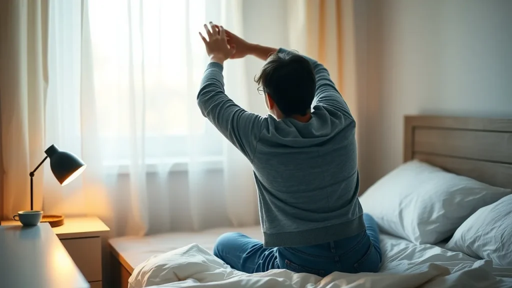 Person sitting up in bed as dawn light and a sunrise alarm lamp warm the room