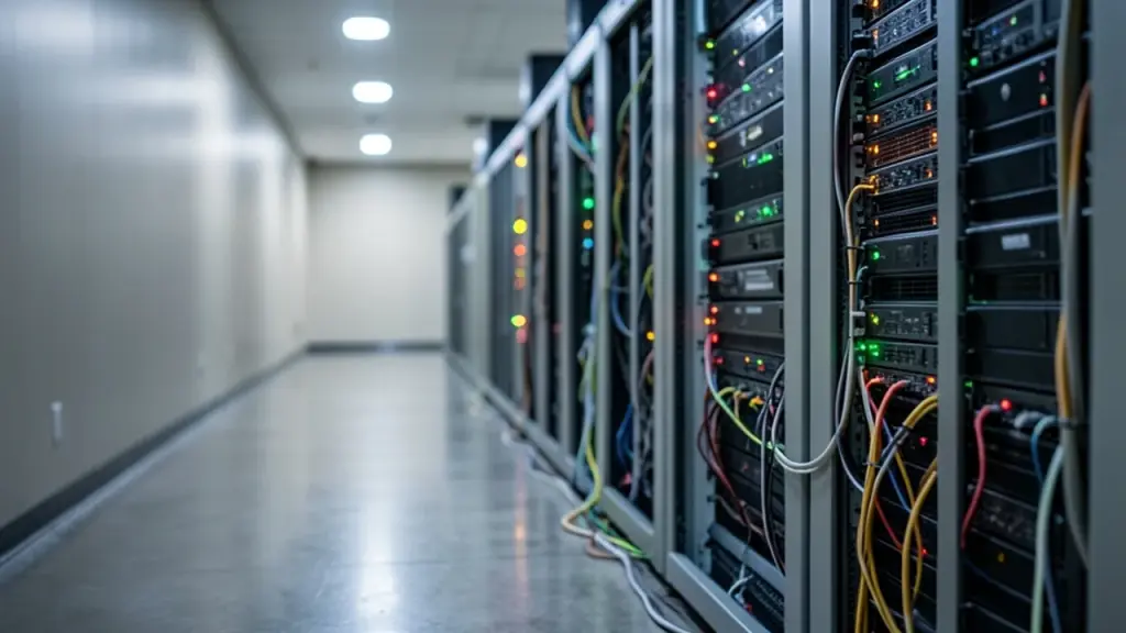Server racks with blinking lights in a data center